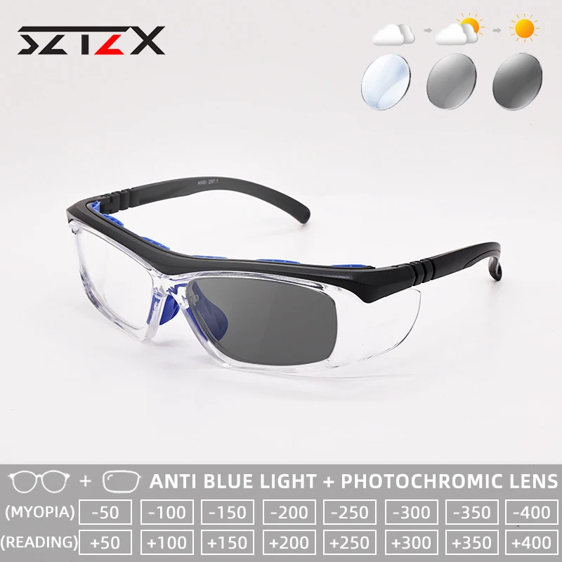 

SZTZX Safety Anti-Dust Durable Windproof Photochromic Anti Blue Light Myopia Glasses Progressive Prescription Reading Glasses