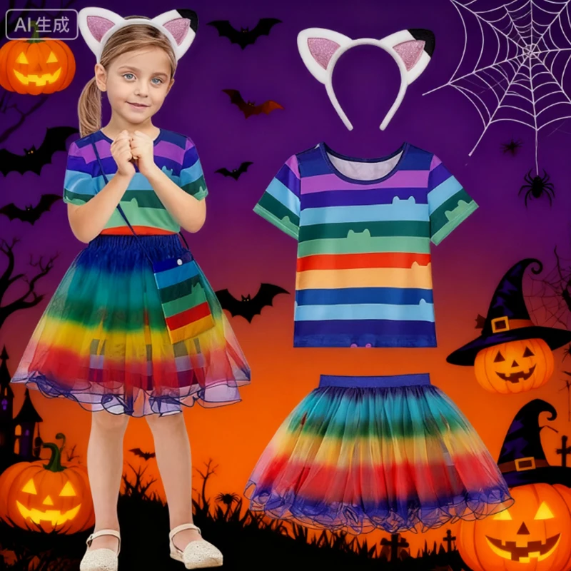 فتاة زي الهالوين 	 غابي الكرتون القط تي شيرت مطبوع + تنورة + حقيبة + رباط شعر مجموعات دمية كرنفال حفلة تأثيري زي تنكري لفتاة