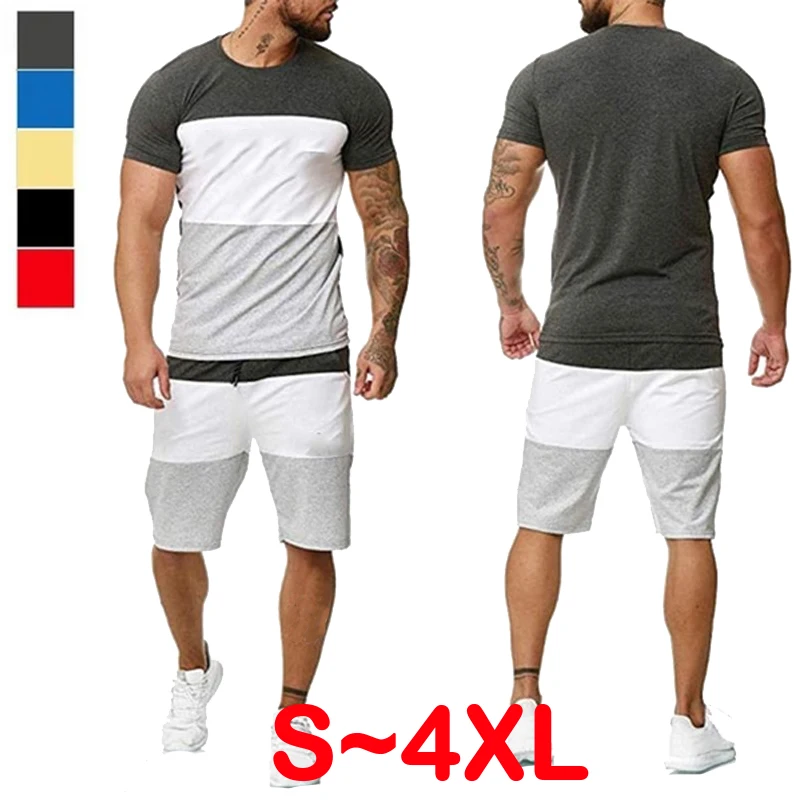 

2023 New Fashion Spliced Short sleeved T-shirt+Shorts Set Men's Casual Sports Set Striped Sportswear (S-4XL)