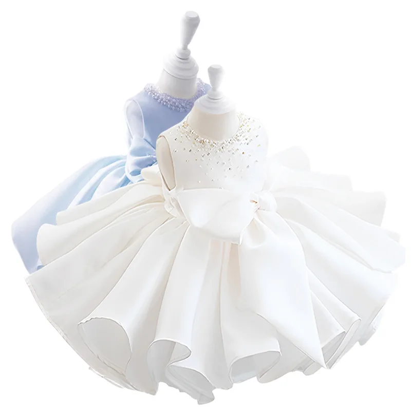 Vestido de satén con cuentas blancas y rosas para niña, tutú nupcial de boda, azul menta, vestido de baile para niño pequeño