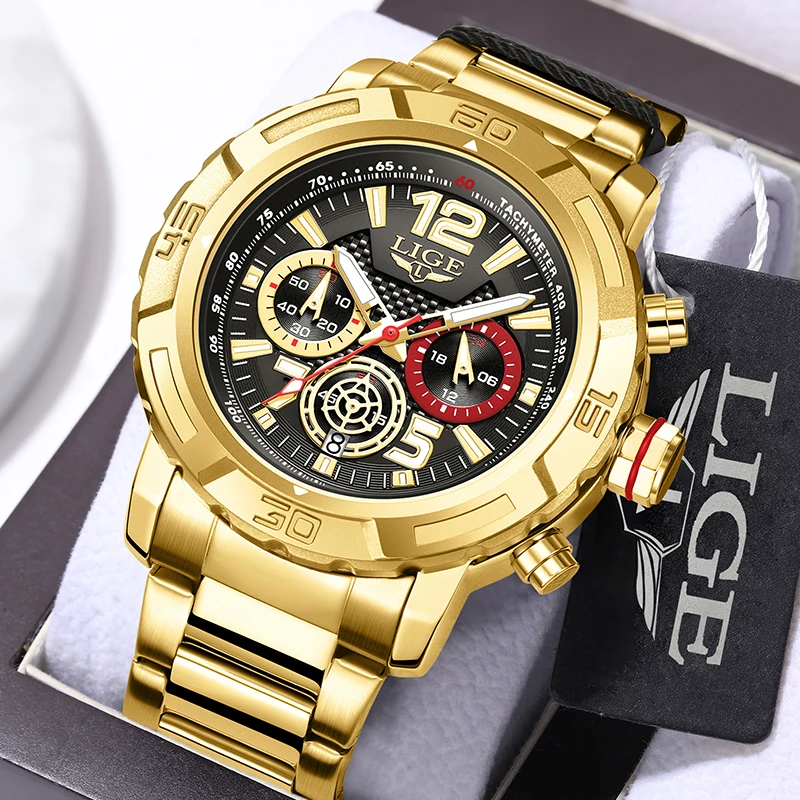 LIGE Brand Man Gold Watch Military Quartz Male Watches Waterproof Luminous Watch for Men Date Chronograph Clock Sport Wristwatch