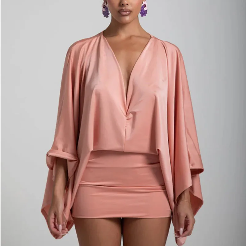 New Autumn Chic Deep V-Neck Boho Dress Retro Solid Spliced Flare Sleeve Prom Dress Spring Woman Club Elegant Slim Fit Mini Dress