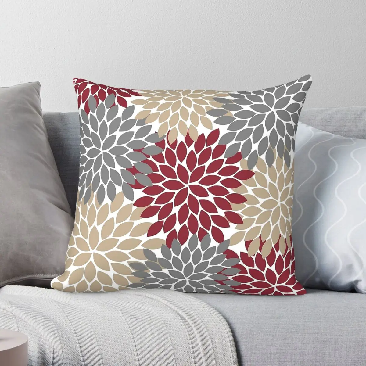 Burgundy Gray Tan Flowers Petals Square Pillowcase Polyester Linen Velvet Pattern Decor Pillow Case Sofa Seater Cushion 45x45