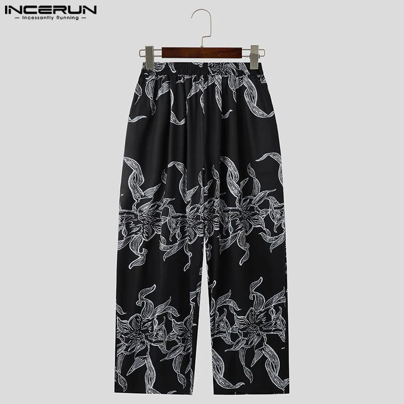 Korean Style Summer Men Printing Sets Casual Half Sleeve Tops Long Elastic Waist Pants Bottun Pocket V-neck Streetwear Oversize