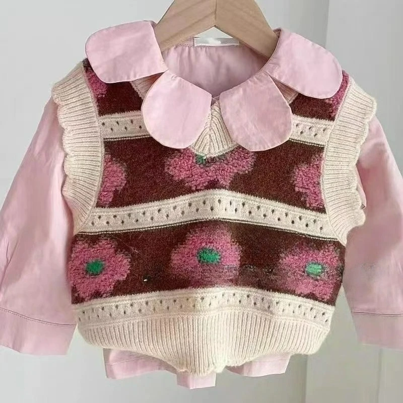 2026 Autumn New Mid to Small Children's Tank Top Sweater Knitted V-neck Outer Vest for Girls