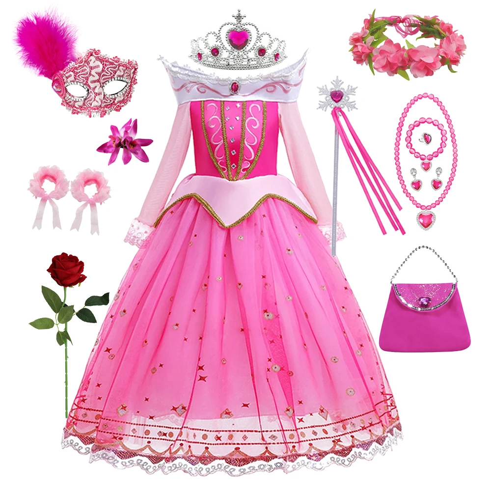 Disfraces de Halloween para niñas Aurora, vestidos de fiesta rosas para niñas, vestido de princesa, disfraz de Bella Durmiente, conjuntos de disfraces de fantasía