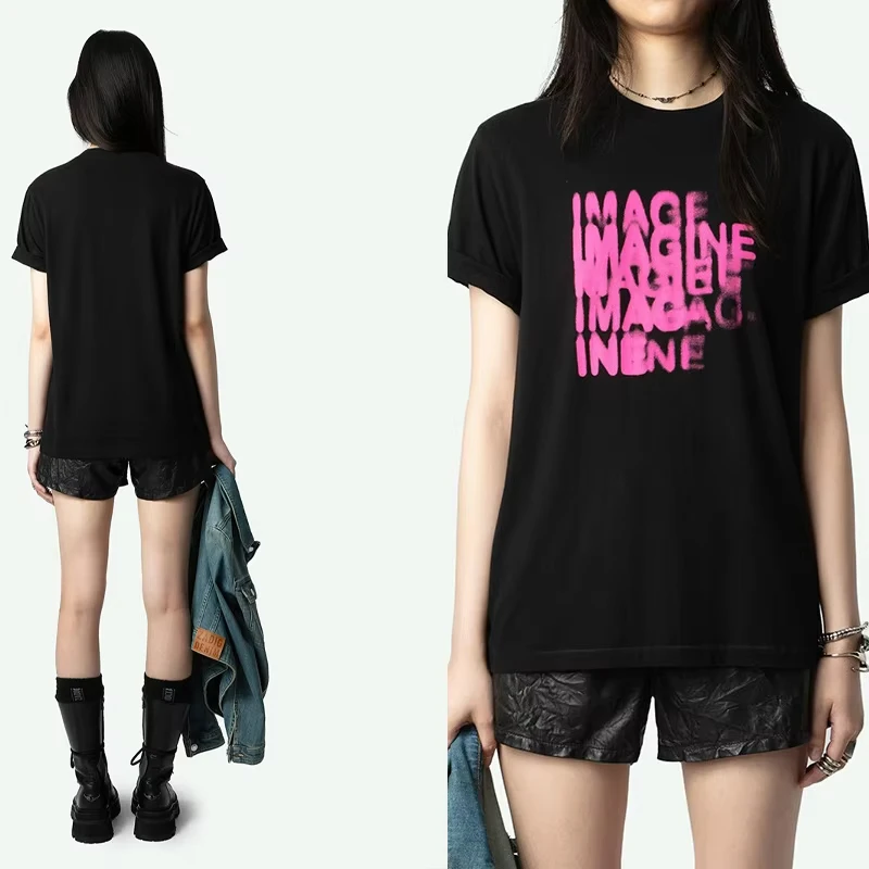 

Черная футболка с круглым вырезом, женские хлопковые розовые футболки с надписью, футболка с короткими рукавами Zadig, женские повседневные летние топы 2025