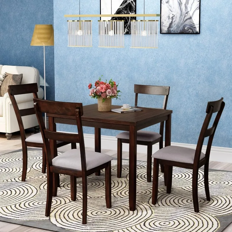 

Set Industrial Wooden Table and Chairs, with High-Density Foam Burlap Upholstered Cushions for Dining, Living Room, and Kitchen