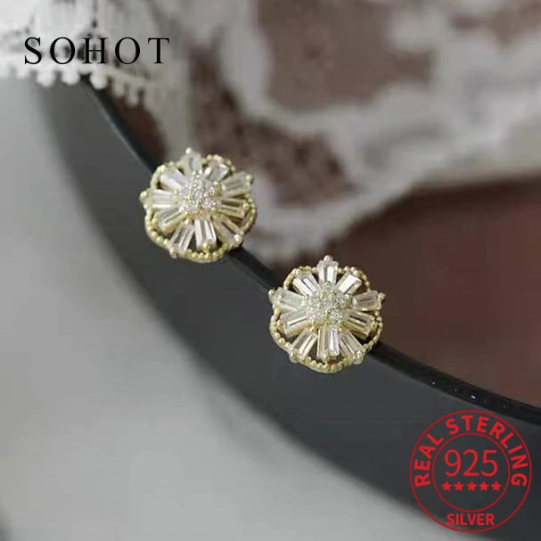 

Real 925 Sterling Silver Zircon Snowflake Round Stud Earrings for Women Minimalist Trendy Fine Jewelry Light Luxury Accessories