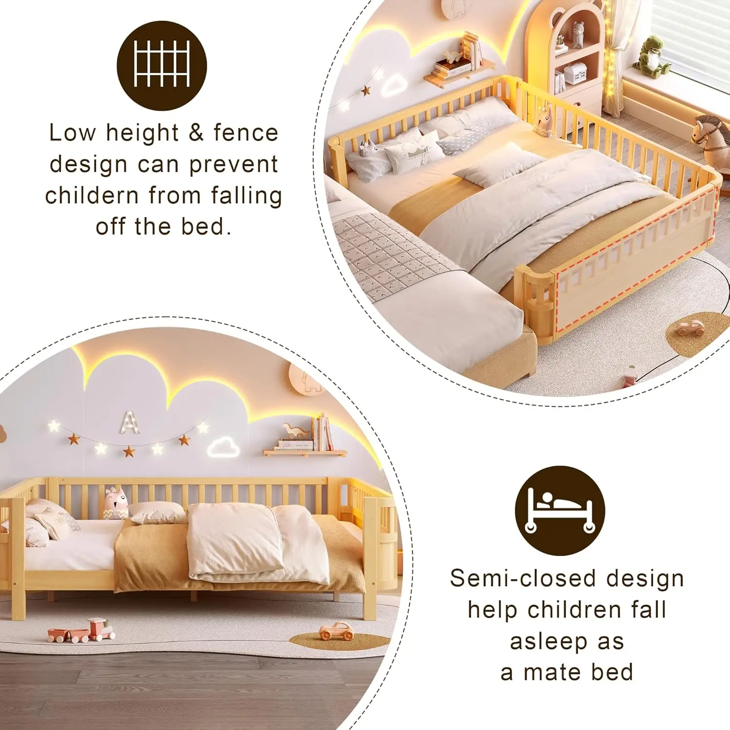Wood Montessori Queen Bed with Detachable Fences, Kids Daybed Frame, Low Profile & Rounded Corners, Natural