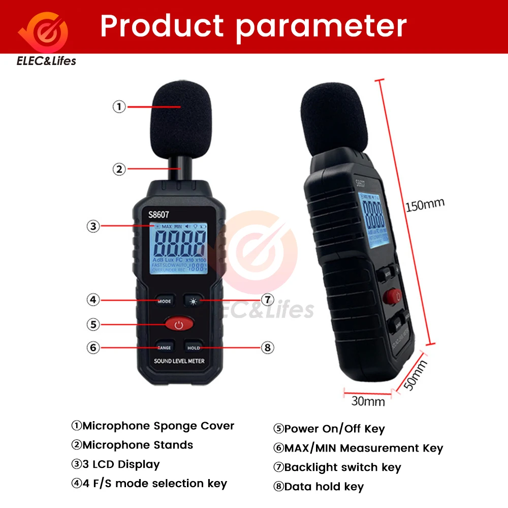 S8607 Digital 30~130dB Decibelimeter dB Meter Sound Level Meter Measure Sound Noise Level Decibel Meter 0.1dB Professional Sound