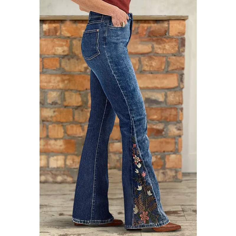 

European American Women's Jeans Slim Fit Bootcut Embroidery Flared High Waist Stretch Skinny Stylish Women's Pants Trendy Casual