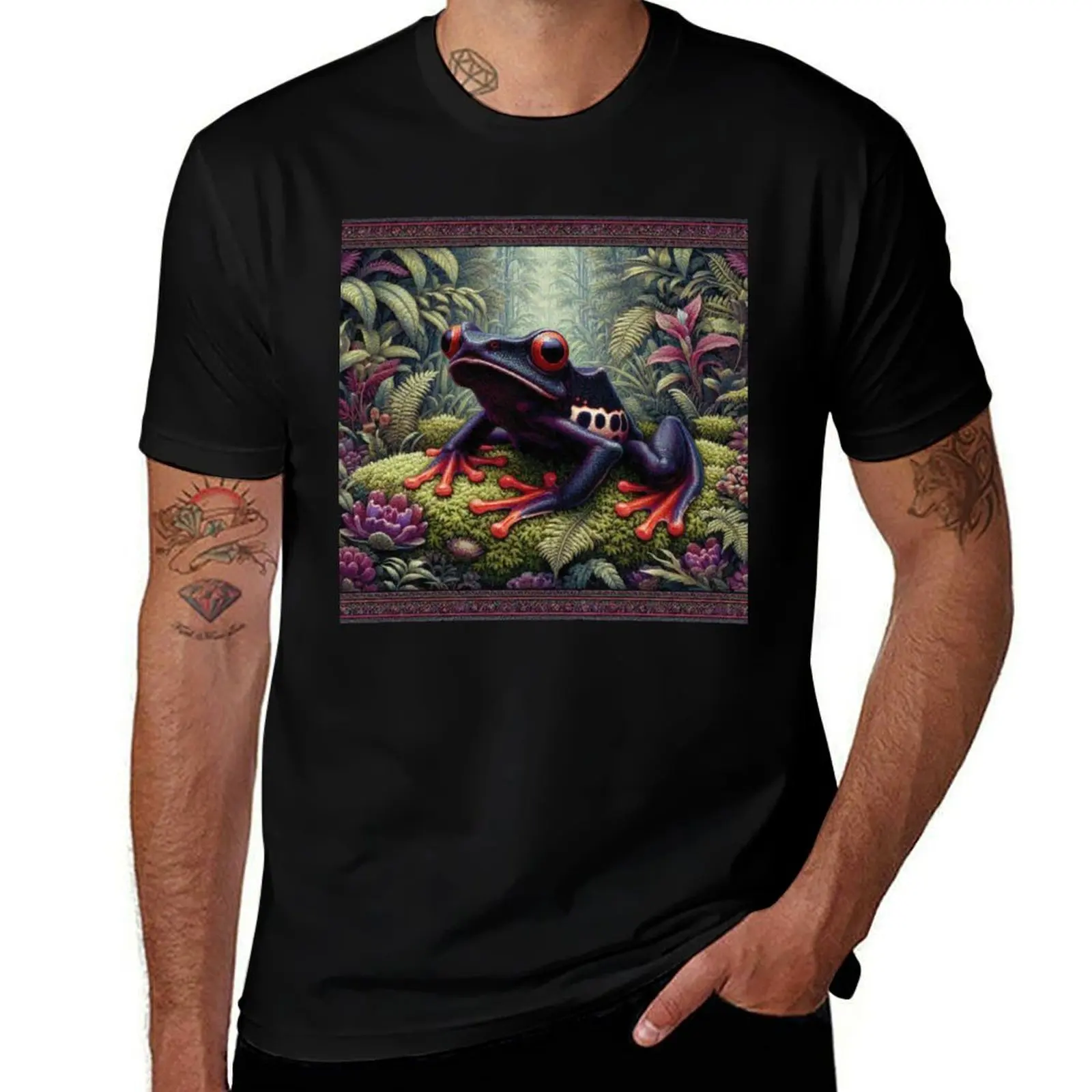 

Dark Purple Dart Frog in Mossy Forest T-Shirt Basic Casual Wear Short Sleeve Top