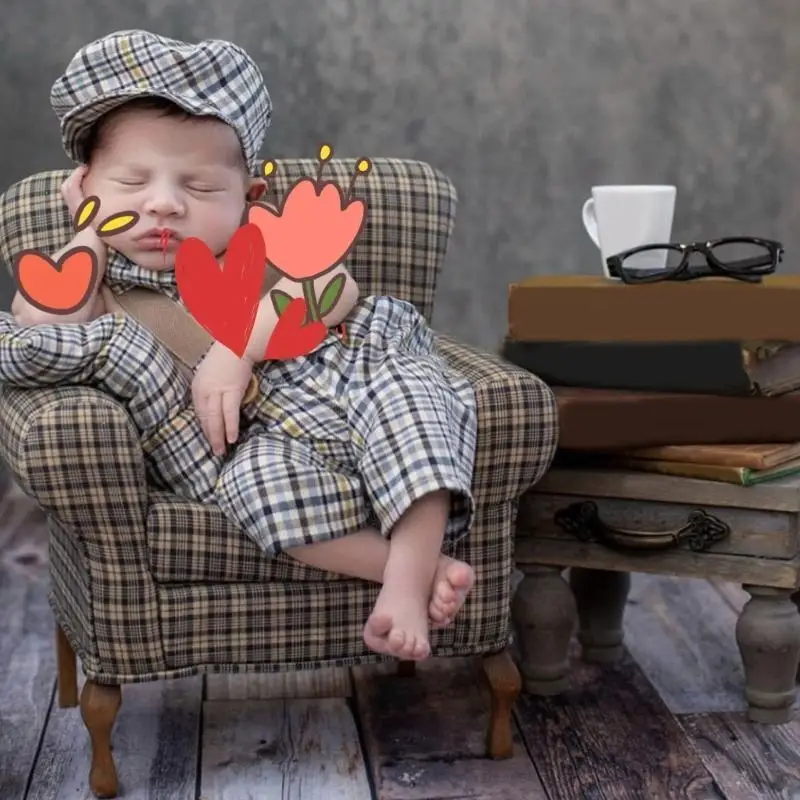 

A5YC Newborn Photoshoot Props Costume Hat Overalls Pillow Set Baby Photography Suit