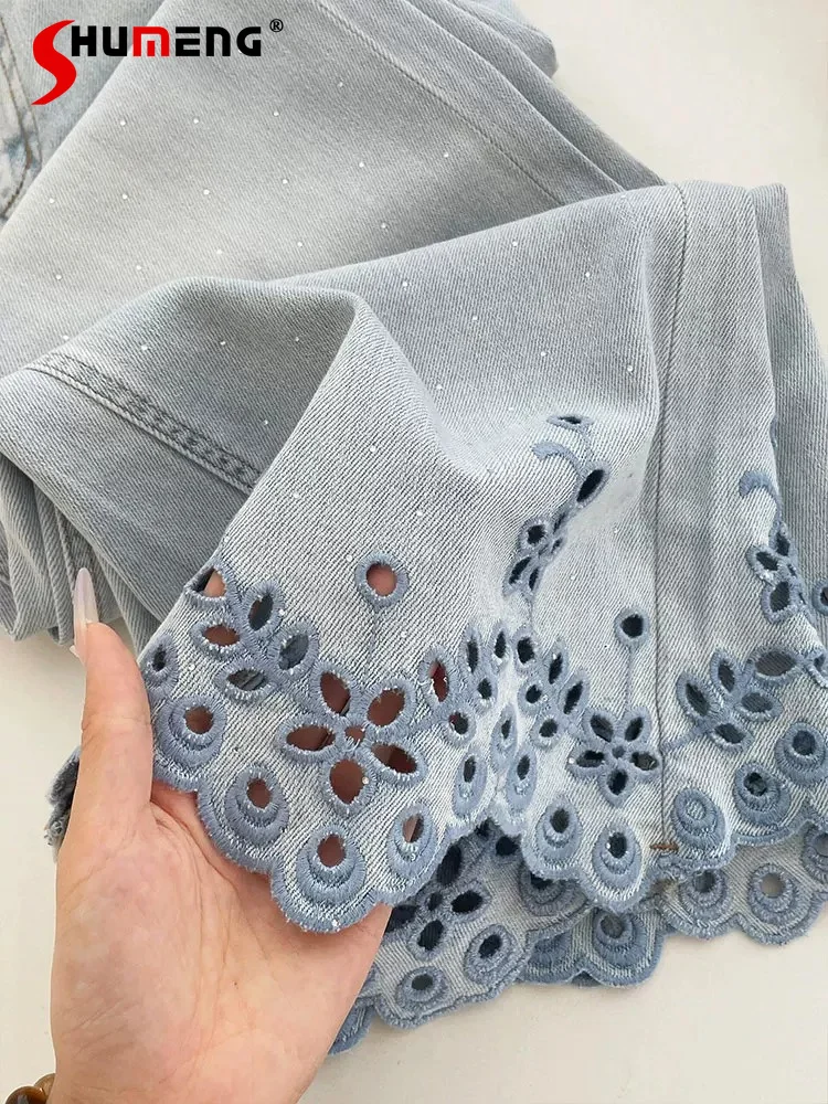 

Women's 2026 Summer New Thin Jeans High-Waist Comfort Straight Wide-Leg Denim Trousers Hollow-Out Diamond Decoration Denim Pants