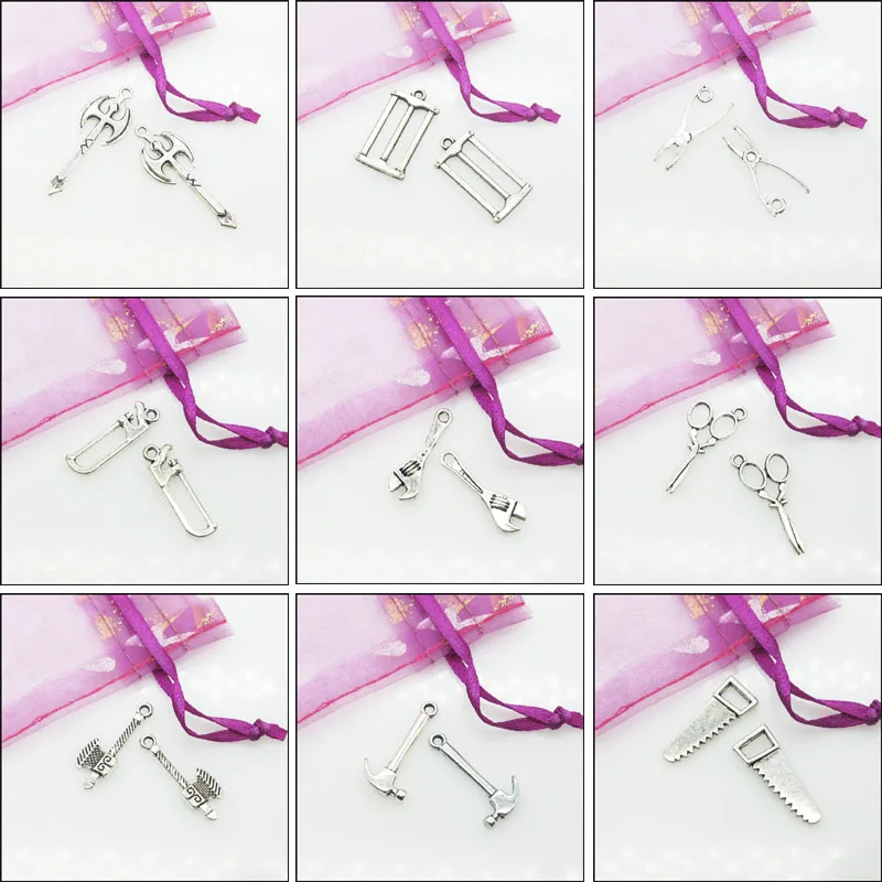 New Retro Tool Axe Scissors Hammer Saw Charms Antiqued Silver Plated Pendants For Gifts Jewelry