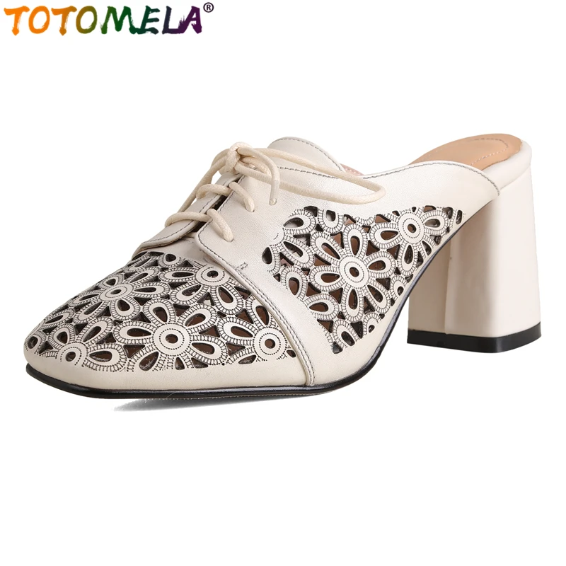 

TOTOMELA 2024 New Genuine Leather Shoes Women Sandals Chunky High Heels Hollow Summer Ladies Office Dress Shoes