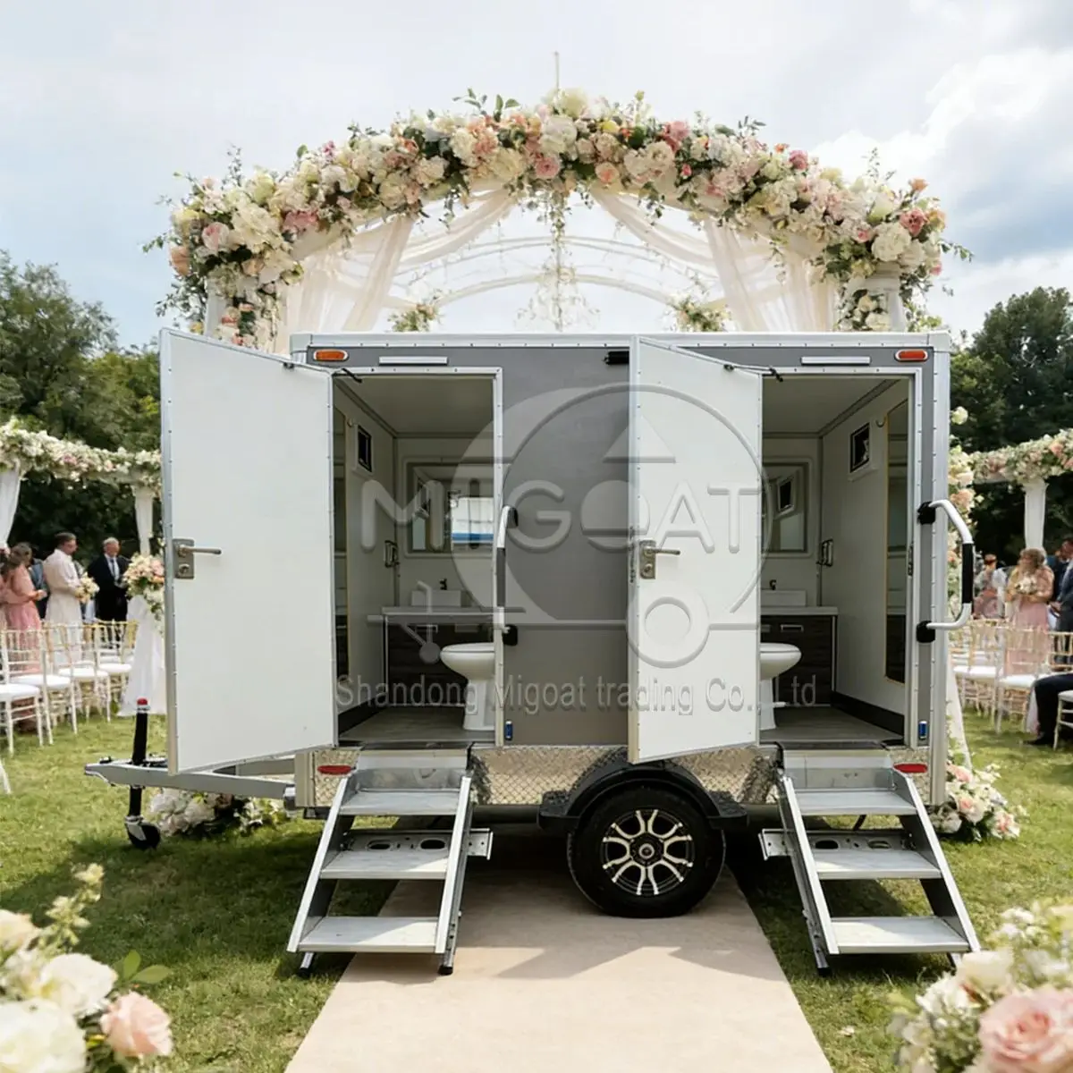 Luxury 2-Stall Portable Restroom Trailer for Outdoor Weddings And Events with Sink Flushable Toilets And Climate Control