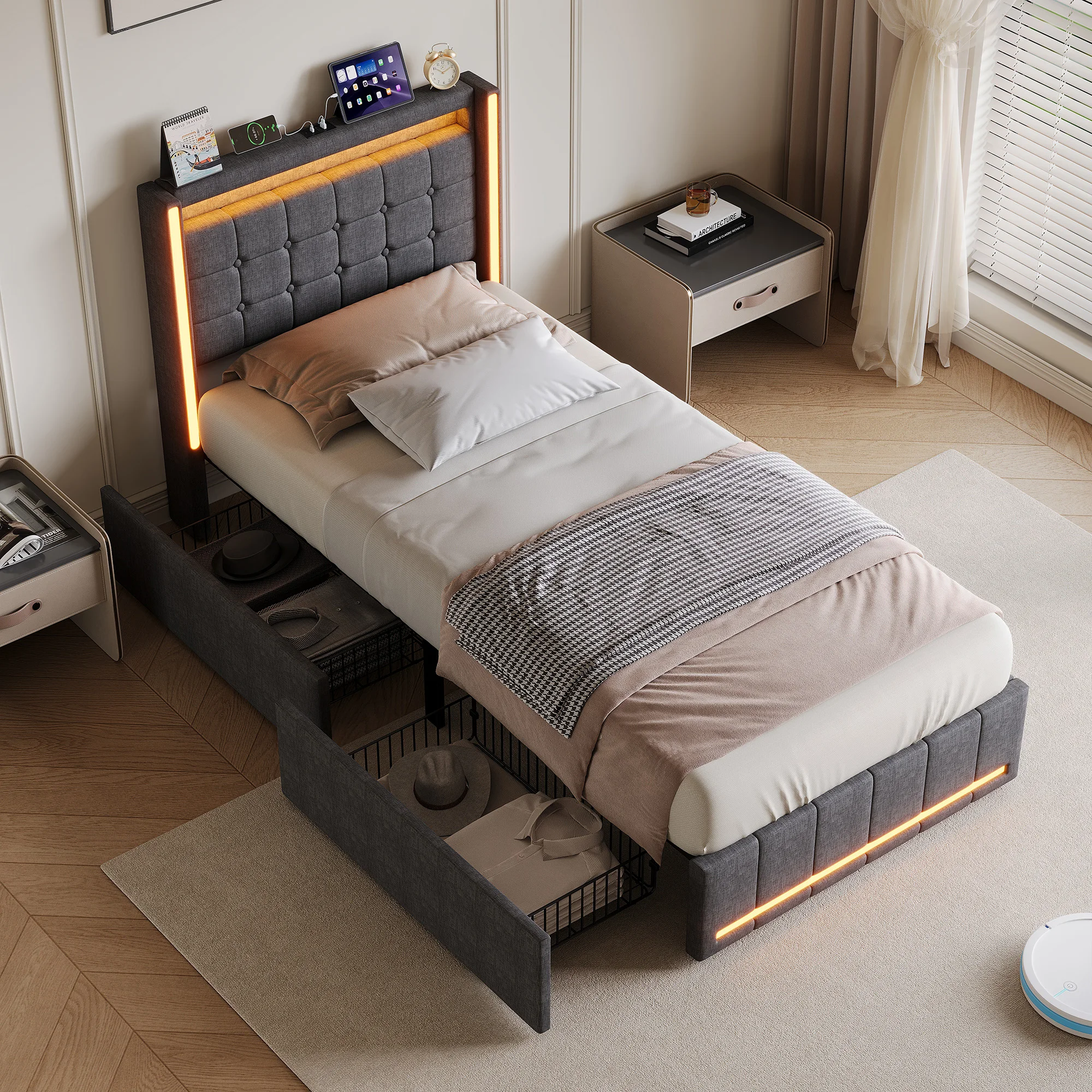 Letto singolo Comanlai, dimensioni 90x200 cm, rivestito in lino grigio, con struttura contenitiva e 2 cassetti, e rete a doghe in legno, portata 300 kg.
