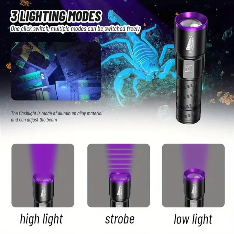 

ABVA-For Nail Gel UV Flashlight 395Nm Led Zoomable USB Rechargeable Black Light Torch For Reptile Tracing Pet Urine Detection