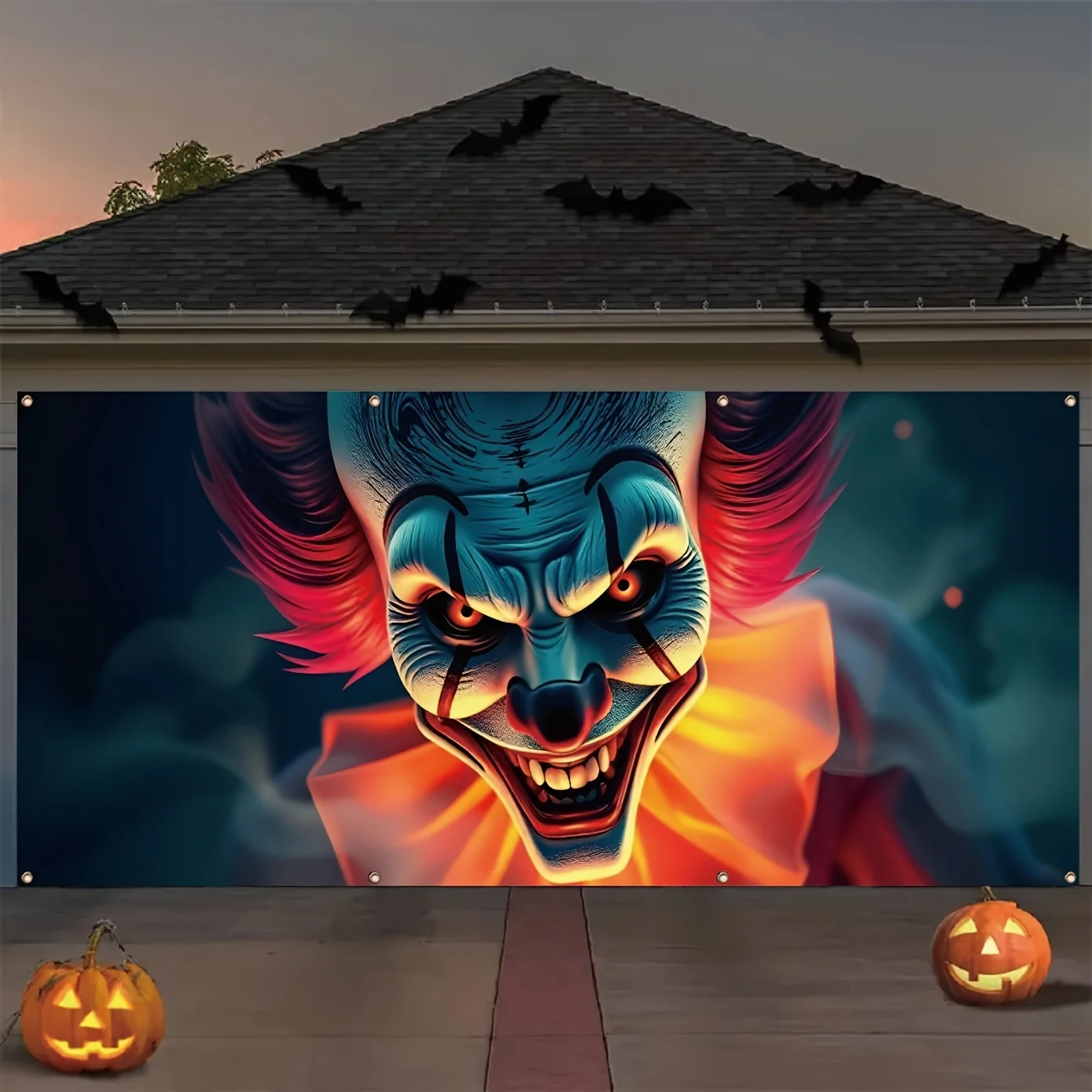 Banner de garaje de Halloween, payaso con pantalla de alta definición buscando fondo de cámara, festival de garaje al aire libre