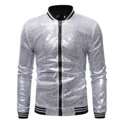 #4124 Outerwear Streetwear Jacket Men Gold Silver Black Red Blue Shinny Sequined Jacket Dance Hip Hop Jacket Homme Zipper Spring