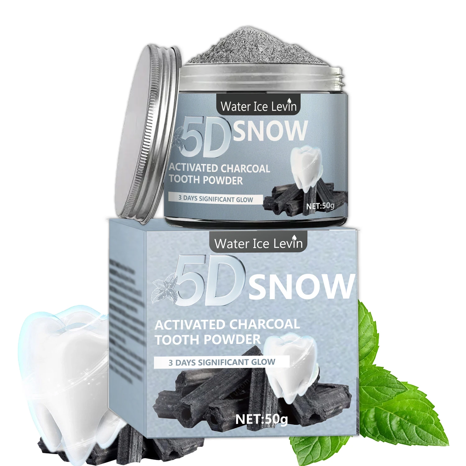 Water Ice Levin 5D Snow Activated Charcoal Tooth Powder. Whitens Teeth, Freshens Breath, Mint Formula.3 Day Significant Glow 50g