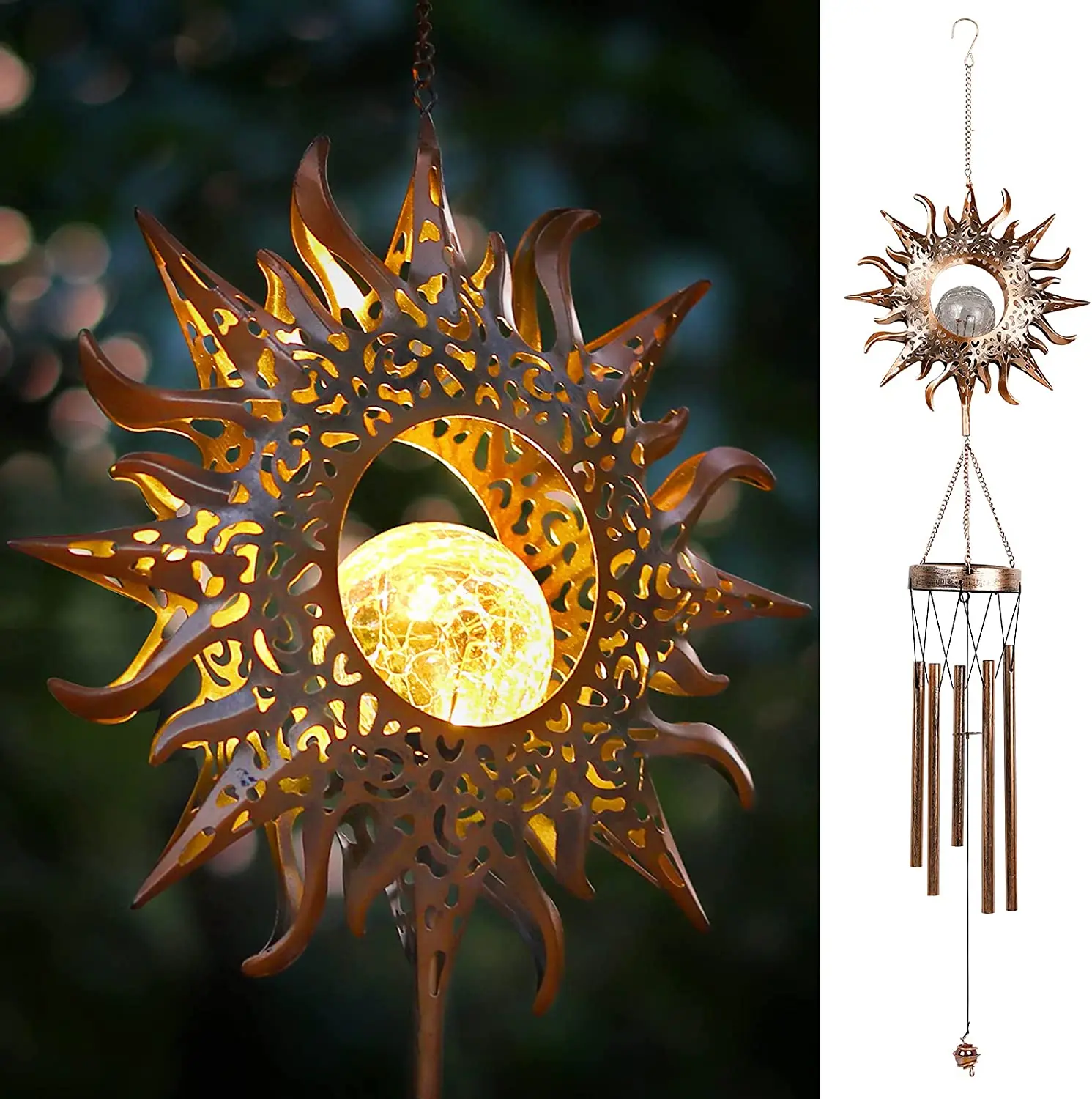 Outdoor Metal Wind Chimes Moon Sun Stars Wind Chime Solar Glowing Unique Wind Bells for Outside Waterproof Chimes Home Decor