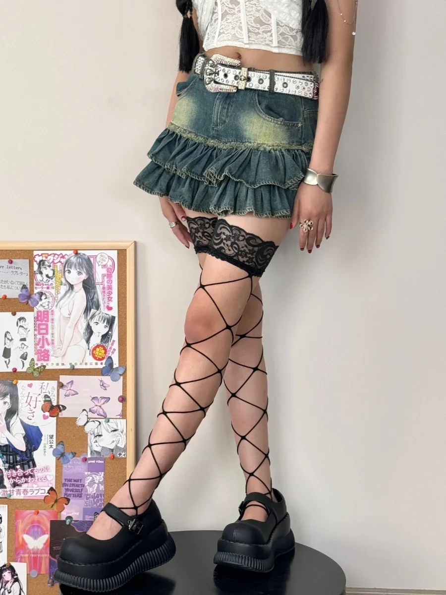 Stockings Polyester Material Black Women's Lace Cutout Dayu Mesh Stockings over the Knee Leg Shaping Silicone Non-Slip High 1Pc