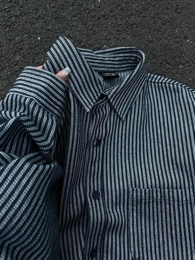 

Blue Striped Men's Casual Long Sleeve Denim Shirt Cleanfit American Retro Thin Outerwear Spring Youth Vitality Style Loose Fit