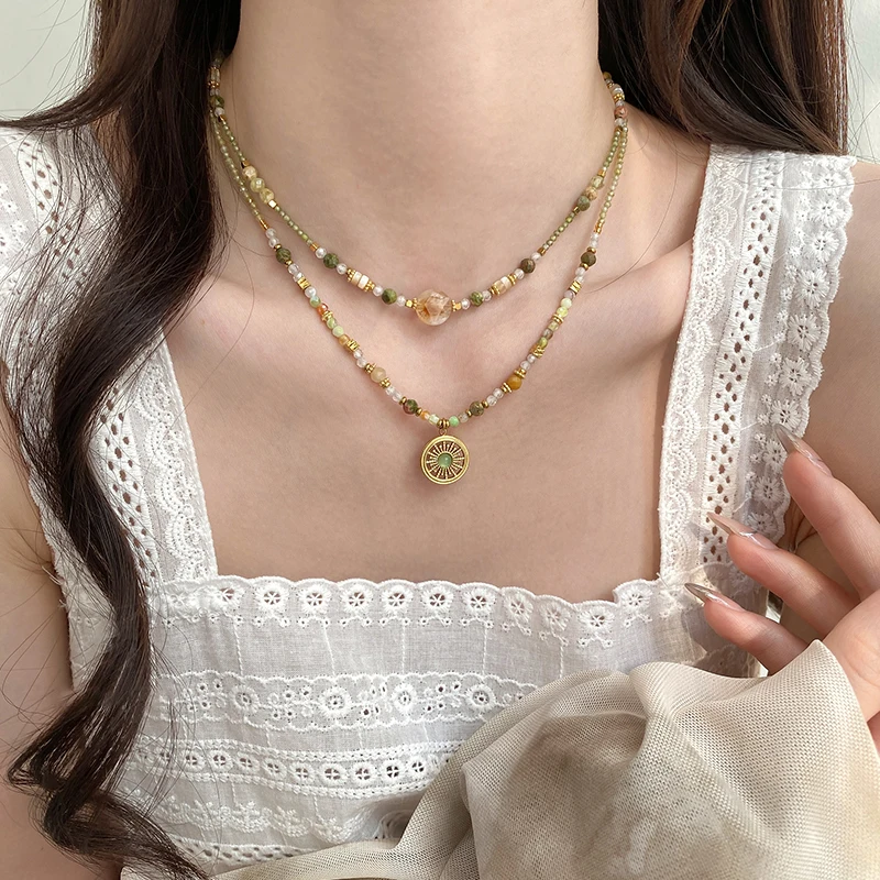 Small Fresh Natural Stone Bead Necklace 2025 New Set Jewelry Women's Stacked Clavicle Chain Trendy Accessories For Young Girls