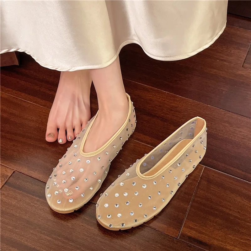 

Fashion Crystal Women Ballet Flats Mesh Dance Flat Shoes Casual Driving Walking Loafers Espadrilles Ladies Slip-on Lazy Shoes