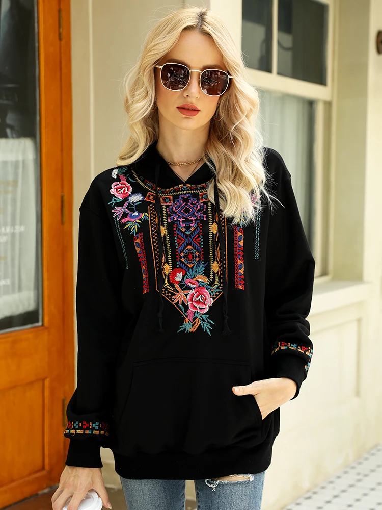 Khalee Yose Floral Emboridery Hoodie Pullover Sweatshirt Black Cotton Autumn Loose Harajuku Vintage Streetwear Female 23XXXL Top