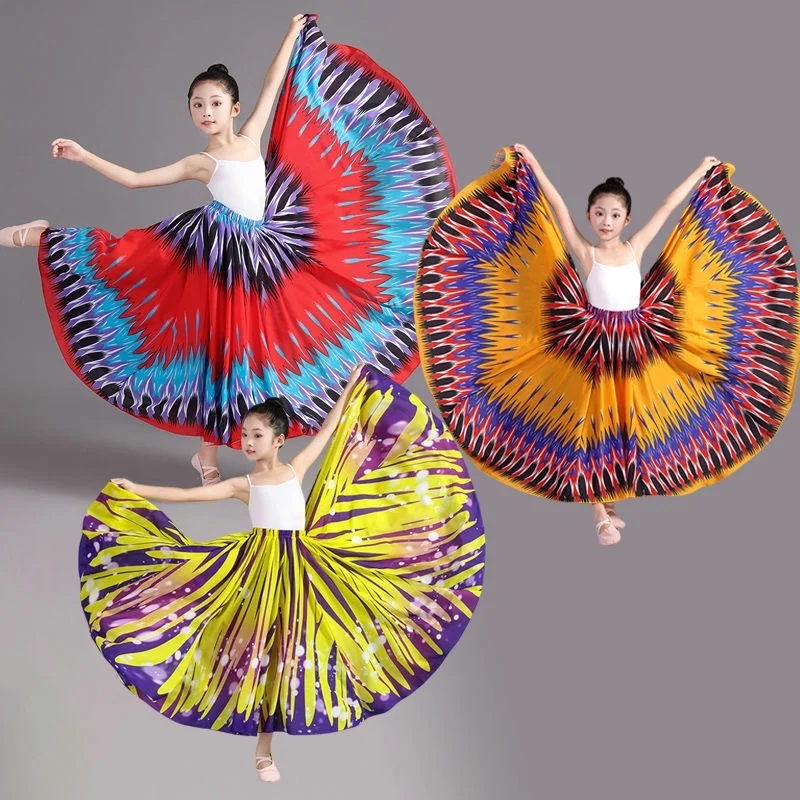 Kid Girl Opening Dance Bullfighting Flamenco Skirts classical dance Butterflies & Ears of wheat printed Performance Stage skirt