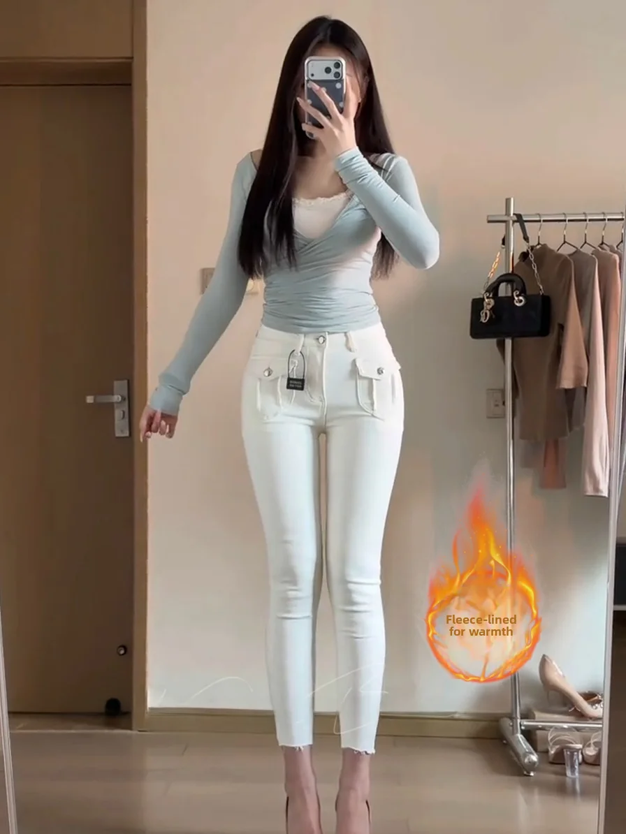 

Джинсы Slim Fit с флисовой подкладкой, высокой талией, из эластичного хлопка, с дизайнерскими карманами, сексуальные, стильные, для женщин, осенний сезон, модные