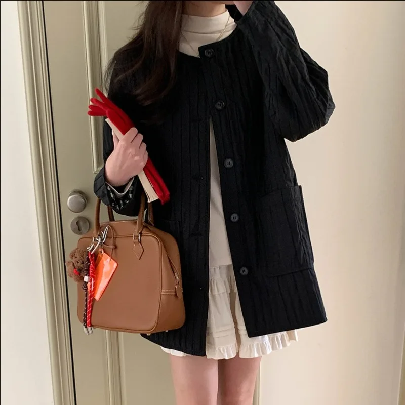 

Женское зимнее повседневное плиссированное свободное пальто в клетку с круглым вырезом, стильная уютная верхняя одежда для холодной погоды