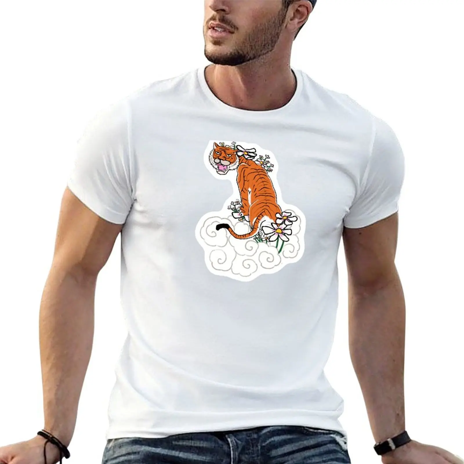 Ancient Tiger with smoke and flowers T-Shirt t shirt custom print t shirts for man pack cotton man tshirt T-shirt