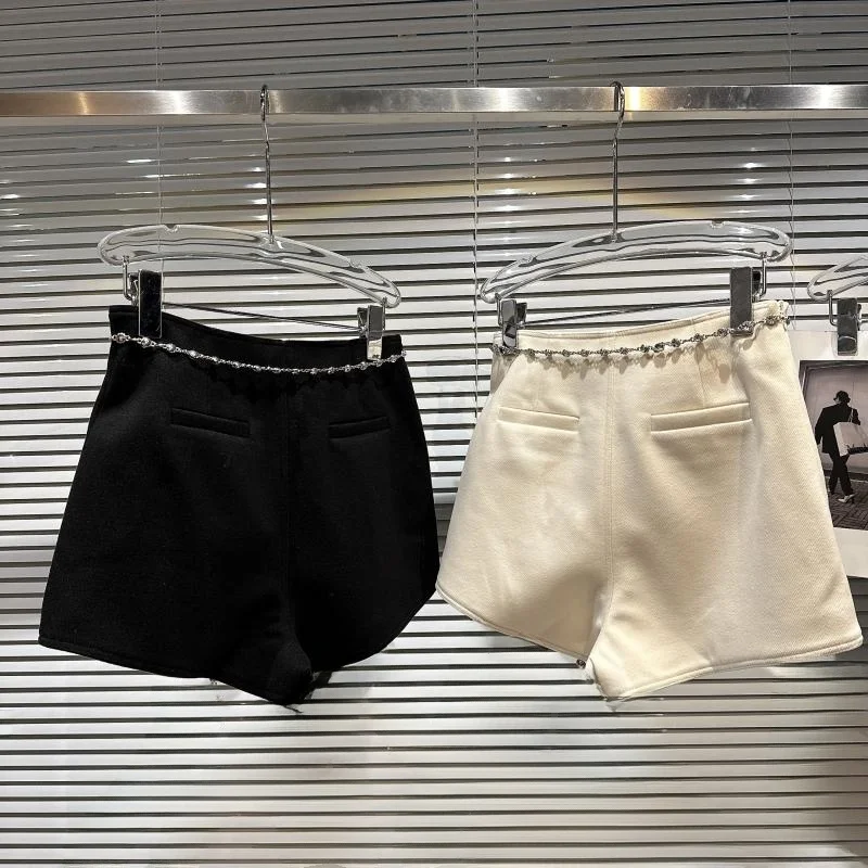  Winter New Sle Tee-Quarter Length Tweed orts for Women with Chain Diamond Waist Belt Ele Lady Pants