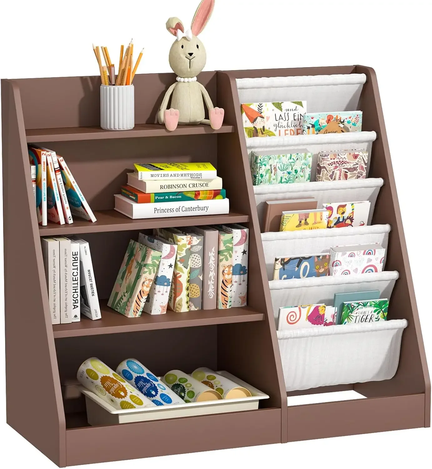 Bookshelf Toy Storage Organizer 4-Tier Wood Book Rack Toddler Bookcase Baby Book Toy Display Shelf 5 Sling Bookshelf for Pl