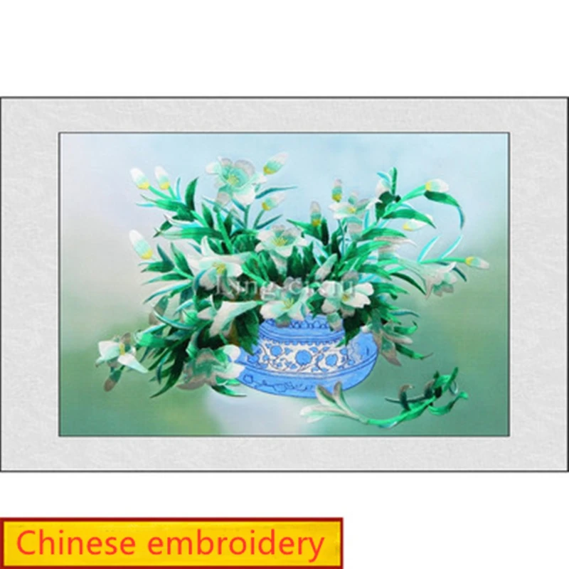 Chinese style Suzhou embroidery lily vase hanging painting interior decoration mural handmade embroidery centennial marriage gif