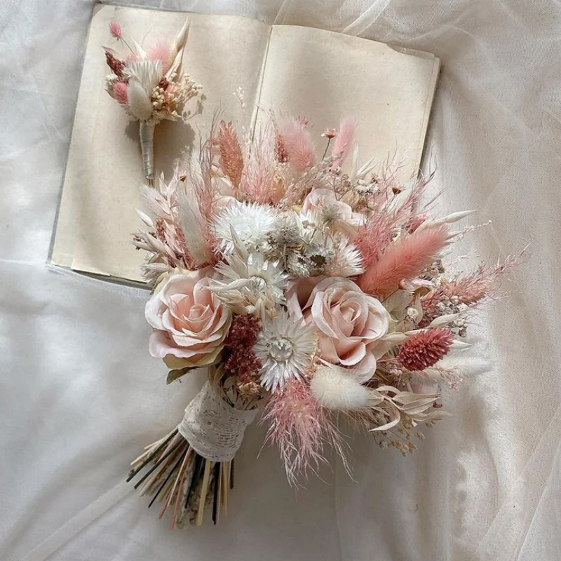 

Wedding Bouquets for Bride Dried Flowers Pampas Artificial Rose Bridal Bouquet for Boho Rustic Floral Arrangement Wedding Decor