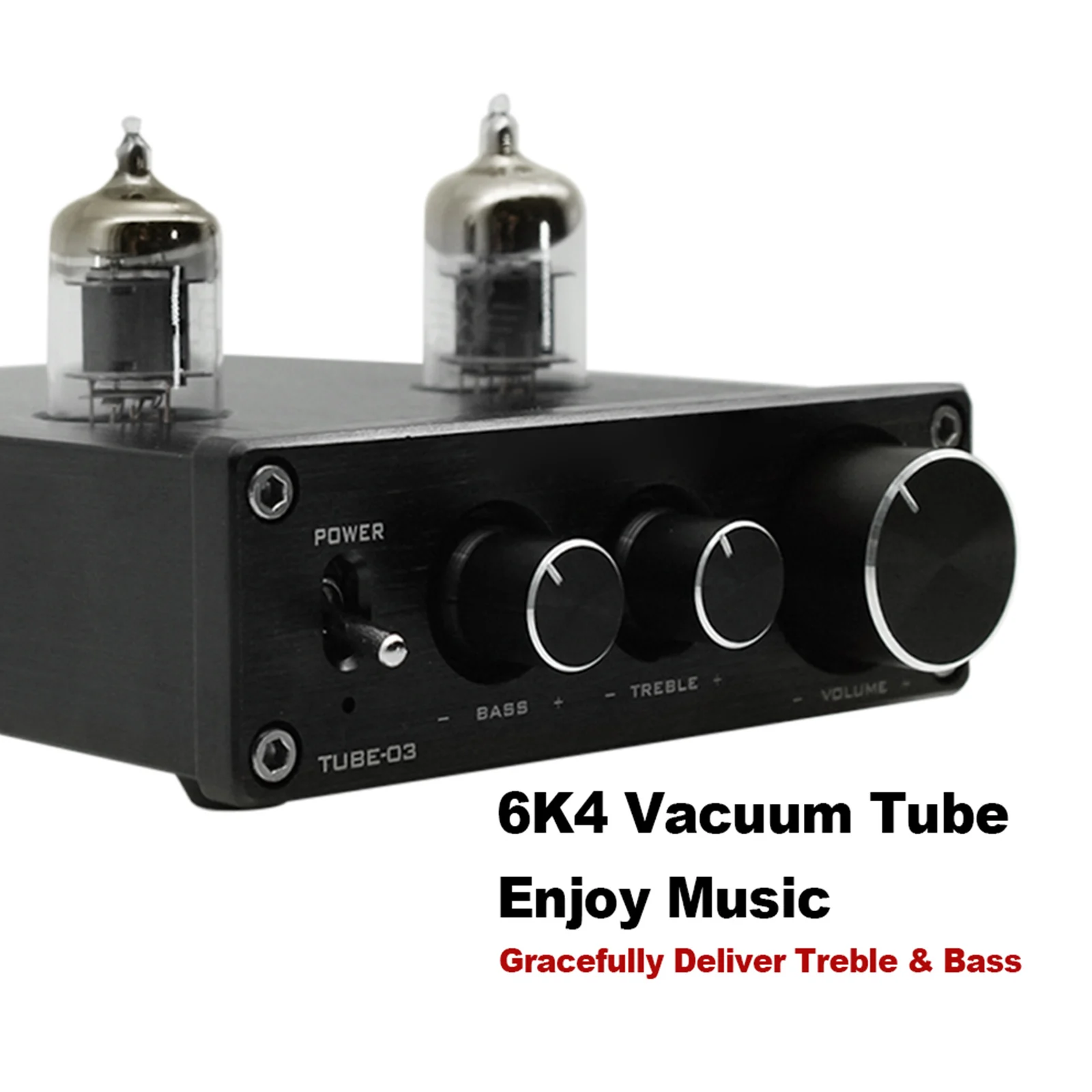 TUBE-03 Mini HiFi Audio Preamplifier 6K4 Vacuum Tube Amplifier Buffer Treble Bass Adjustment RCA Preamp Black EU Plug