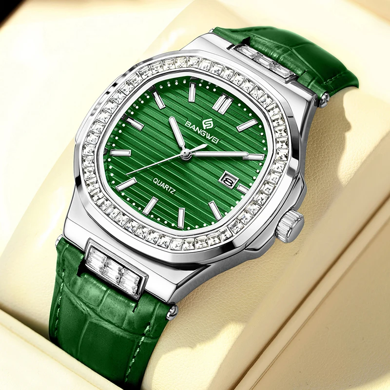 BANGWEI LIGE élégant femmes Bracelet montre Simple vert cuir étanche Quartz carré chronographe montres pour les femmes