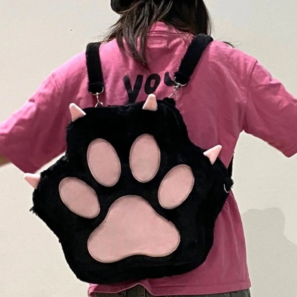 Cute Cat Paw Plush Backpack with Adjustable Straps Soft Furry Purse with Zipper Sweet School Bag for Women Girls