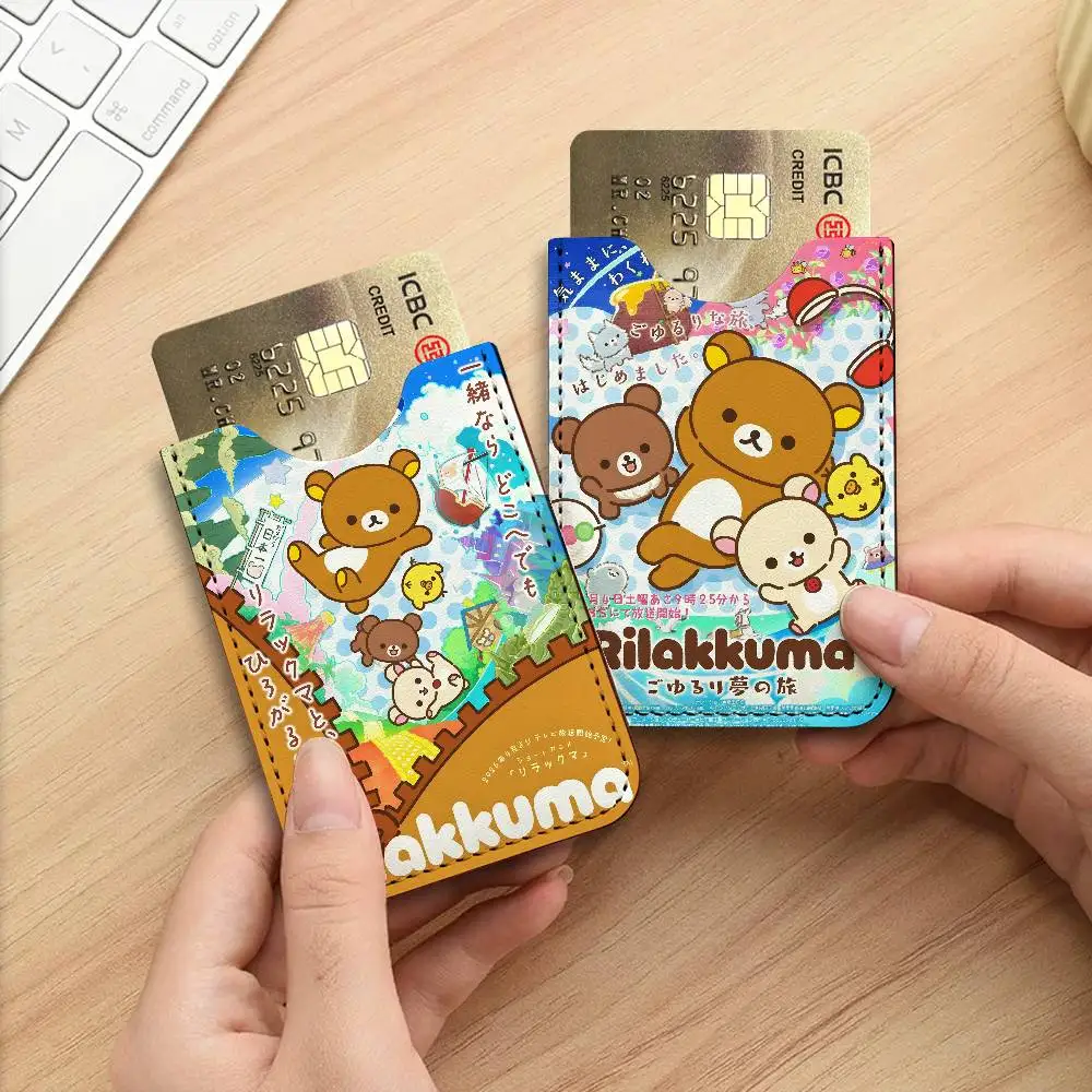 R-Rilakkuma Mellow-Comfy Lightweight Leather Card Holder Palm Pattern Protective Cover for Bus Card ID Card Compact Size