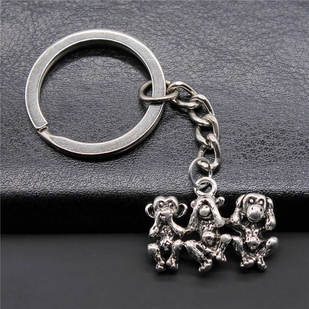 Souvenirs Gift DIY Metal Keychain Holder Antique Silver Color 19x25mm Three Wise Monkeys Pendant Keyring