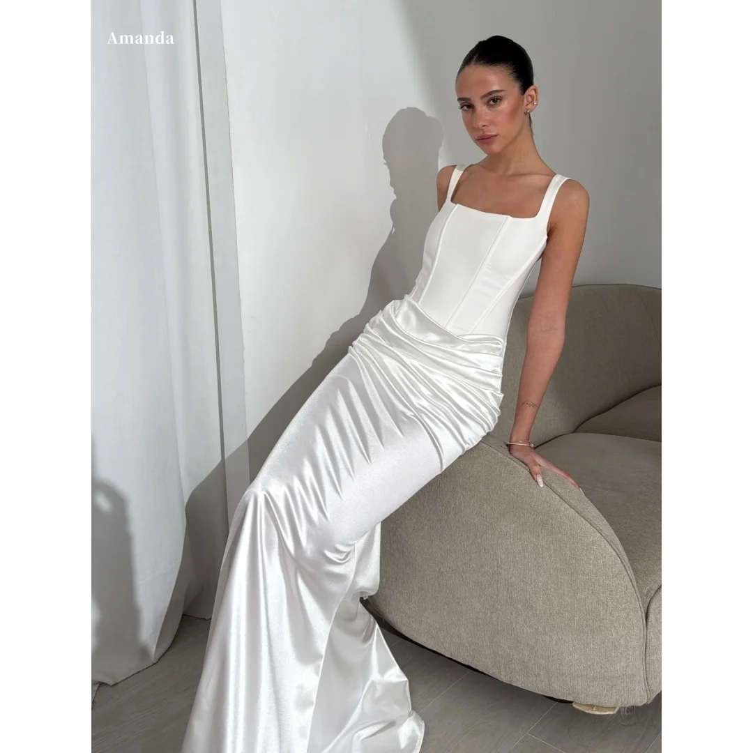 

Amanda Customized White Square Neck Prom Dress Satin Corset Bodice Ruched Mermaid Floor Length Formal Evening vestidos de noche