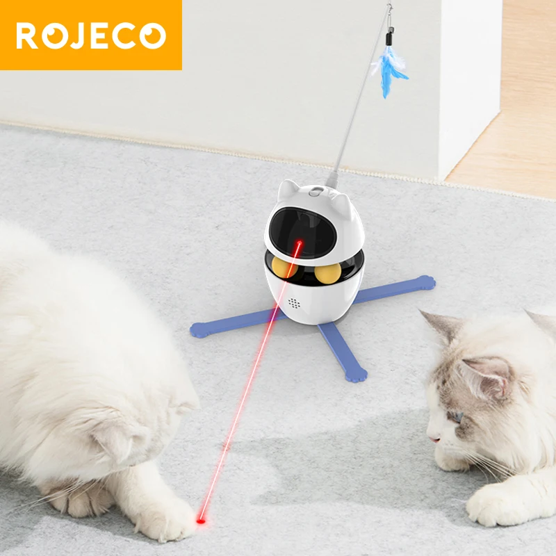 

ROJECO 3 In 1 Automatic LED Cat Toys Interactive Feather Wand Toy with Smart Rolling Ball Teasing Pet Dog Indoor Cat Accessories