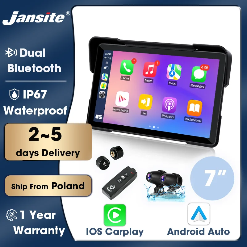 Per Lifan KPT200 2018-2026 Jansite Schermo CarPlay da 7 Pollici per Moto, Apple CarPlay Wireless, Android Auto, Navigazione GPS, TPMS, DVR Integrato, IP67 Impermeabile, Bluetooth, Cruscotto