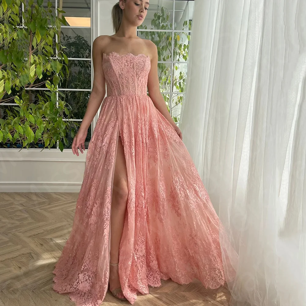 

Wholesale Blush Pink Prom Dresses Lace Off Shoulder Sleeve Wedding Party Dresses 2024 Strapless Evening Gowns Side Slit